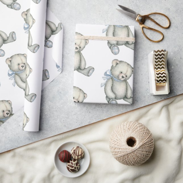 Baby Boy Teddy Bear Blue Watercolor Wrapping Paper (Crafts)