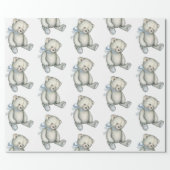 Baby Boy Teddy Bear Blue Watercolor Wrapping Paper (Flat)