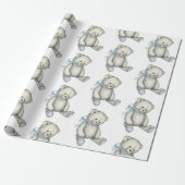 Baby Boy Teddy Bear Blue Watercolor Wrapping Paper (Unrolled)
