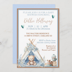 Baby Boy Teddy Bear in Teepee Baby Shower Invitation