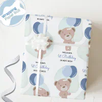 TEDDY BEAR Blue Birthday Wrapping Paper Roll