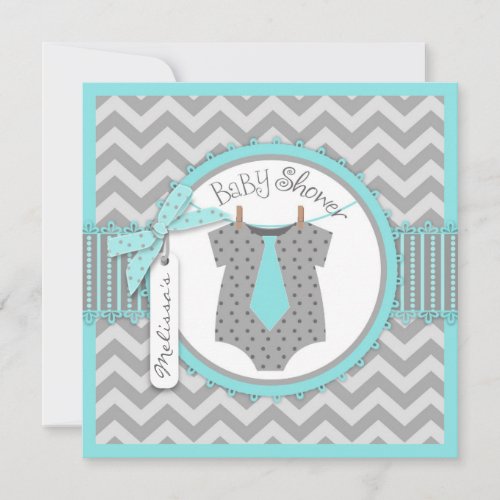 Aqua Tie &amp; Chevron Print Baby Shower Personalized Invitations