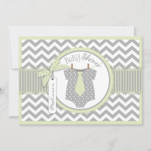 Mint Tie &amp; Chevron Print Baby Shower Custom Invite