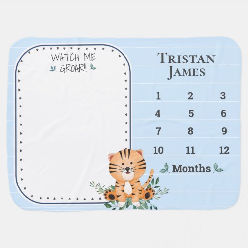 Baby Boy Tiger Watch Me Grow Milestones Blue Baby Blanket