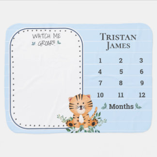 Baby Boy Tiger Watch Me Grow Milestones Blue Blanket