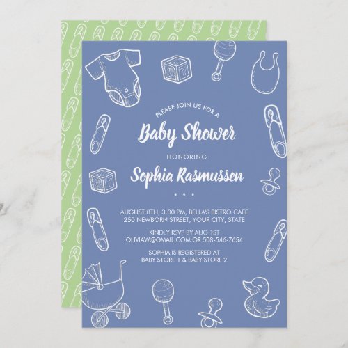 Baby Boy Toys Clothes Blue Baby Shower Invitation