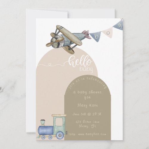 Baby Boy Trains and Plane baby shower Invitation