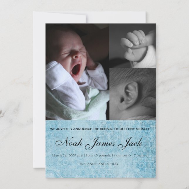 Baby boy trio photo birth announcement (Front)