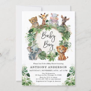 Baby Boy Tropical Jungle Safari Animals Shower Invitation