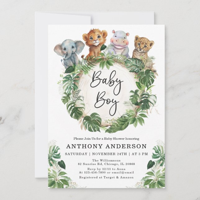 Baby Boy Tropical Jungle Safari Animals Shower Invitation (Front)
