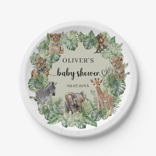 Baby Boy Tropical Jungle Safari Animals Shower Paper Plates (Front)