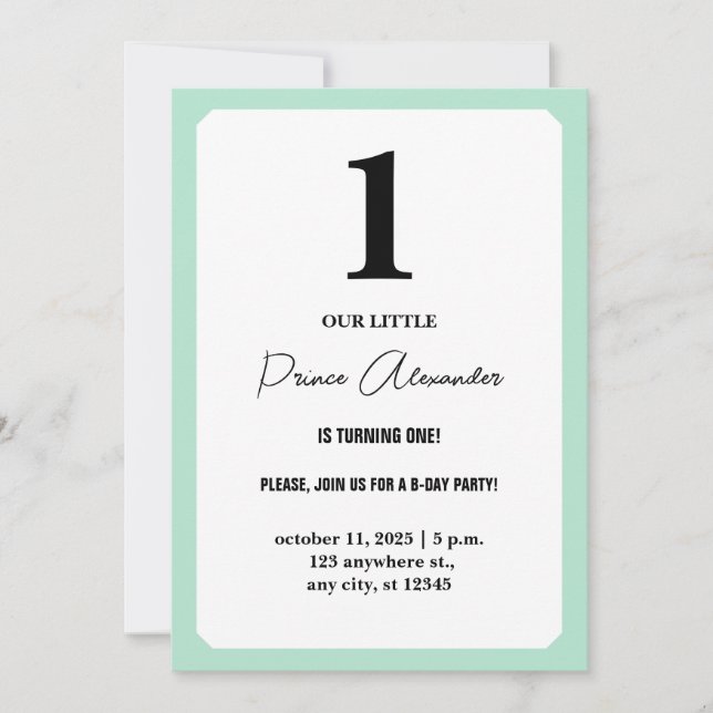 Baby Boy Turning One Simple Elegant 1st Birthday  Invitation (Front)