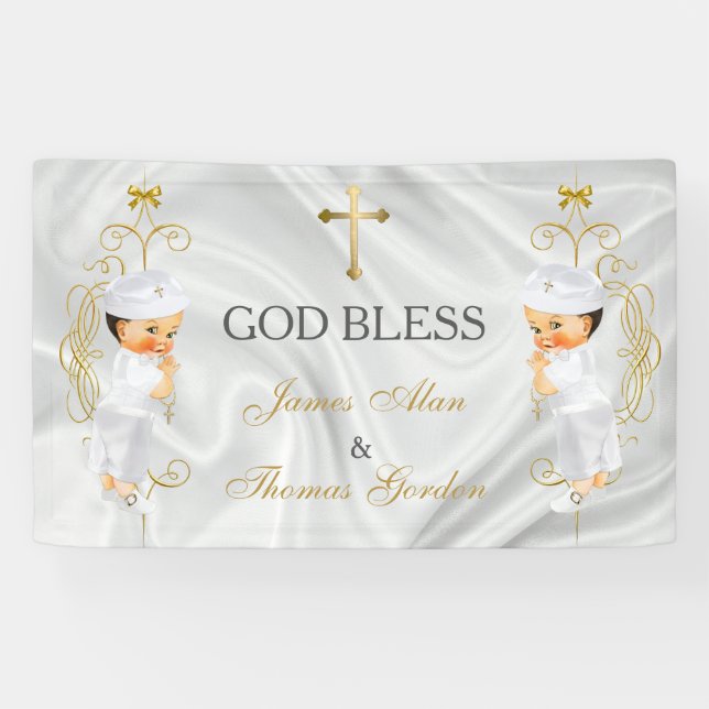 Baby Boy Twins Baptism Christening Gold Banner (Horizontal)