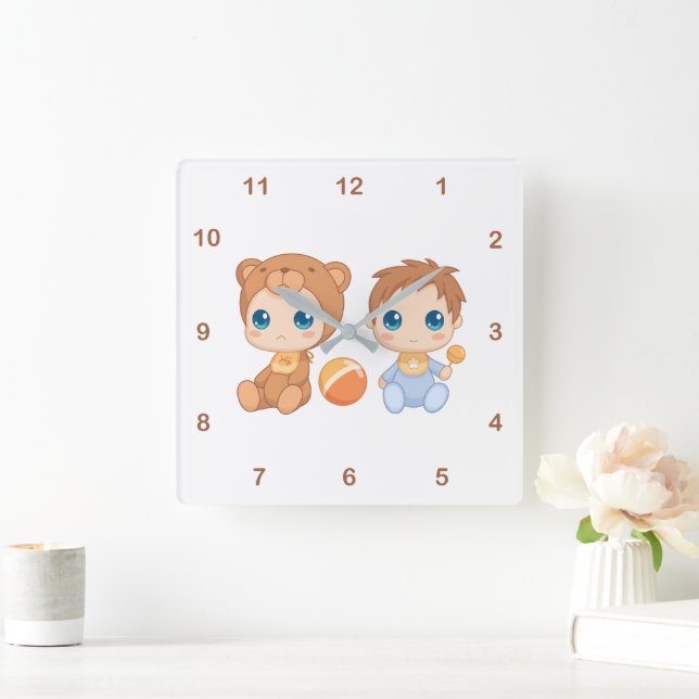 Baby Boy Twins Bear Jumpsuit 2 Square Wall Clock (Home)