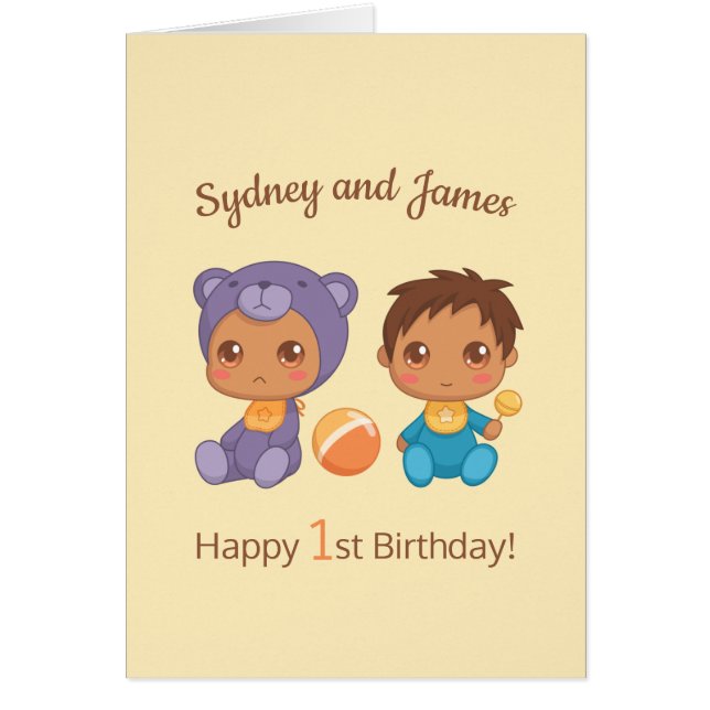 Baby Boy Twins First Birthday Names 3 Card (Front)