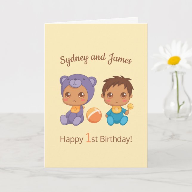 Baby Boy Twins First Birthday Yellow Blank 2 Card (Small Plant)