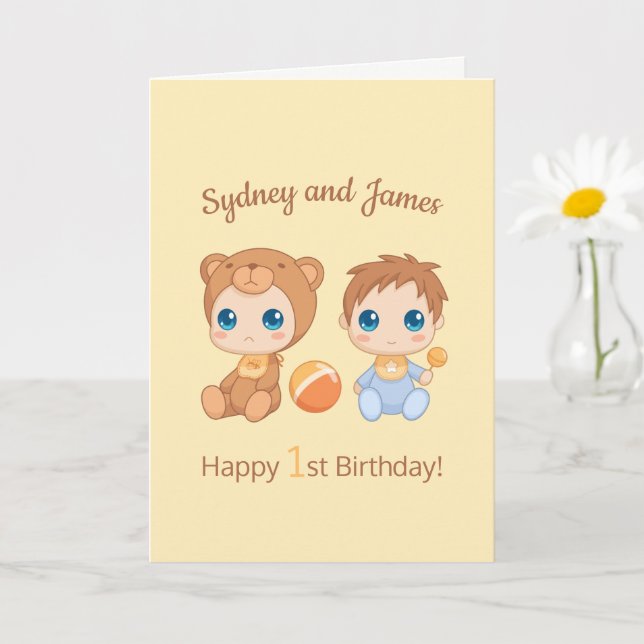 Baby Boy Twins First Birthday Yellow Blank Card (Small Plant)