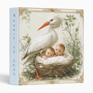 Baby Boy Twins in Basket with Blanket White Stork 3 Ring Binder