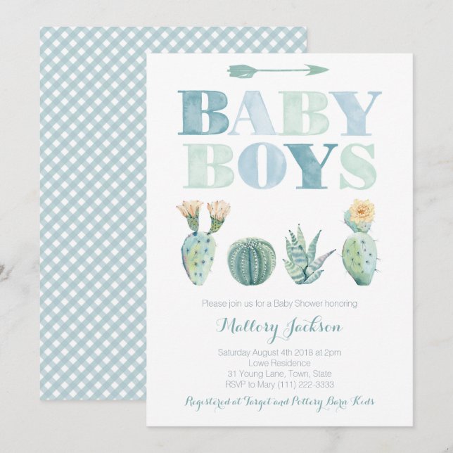 Baby Boy Twins or Triplets Cactus Baby Shower Invitation (Front/Back)