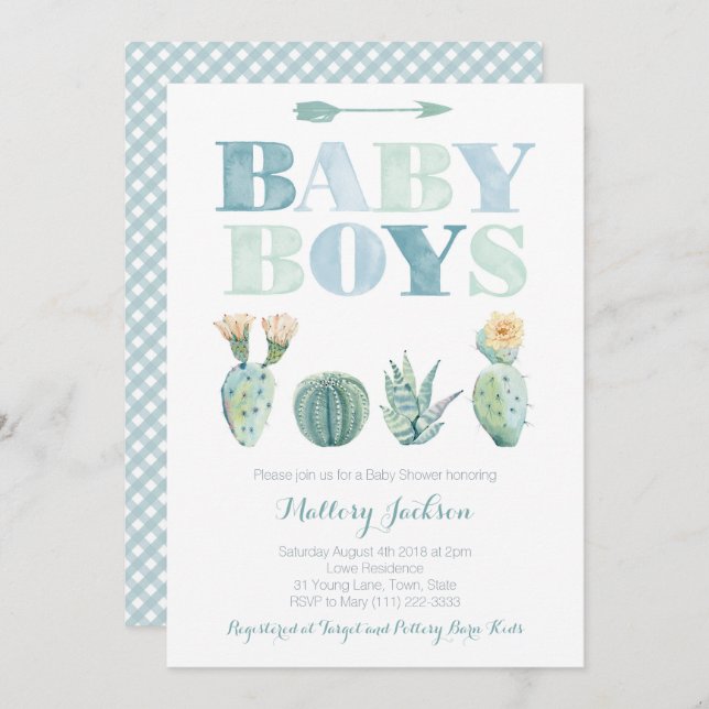 Baby Boy Twins or Triplets Cactus Baby Shower Invitation (Front/Back)