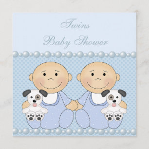 Baby Boy Twins & Puppies Blue Baby Shower Invitation