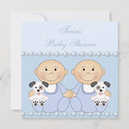 Baby Boy Twins  Puppies Blue Baby Shower Invitation