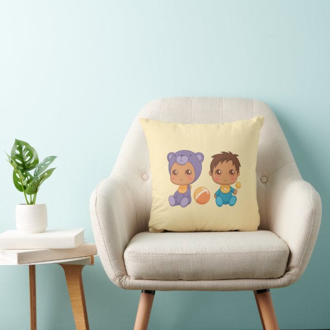 Baby Boy Twins Purple Bear Jumpsuit on Yellow Thro Throw Pillow (Chair)