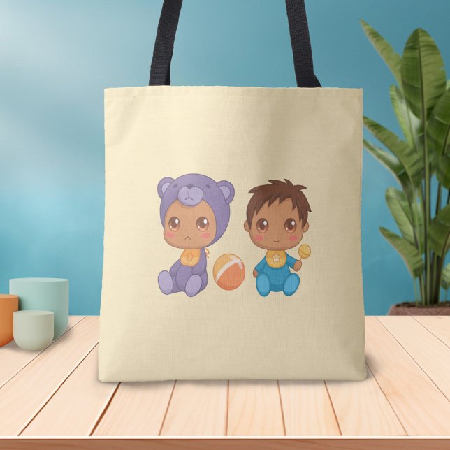 Baby Boy Twins Purple Bear Jumpsuit on Yellow Tote (Creator Uploaded)