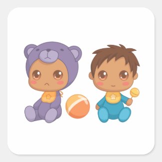 Baby Boy Twins Purple Bear Jumpsuit Square Sticker