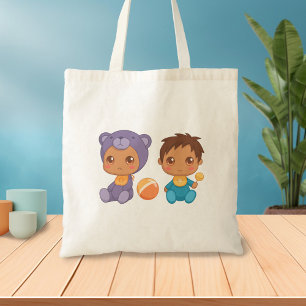 Baby Boy Twins Purple Bear Jumpsuit Tote Bag