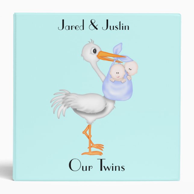 Baby Boy Twins Stork Photo Album 3 Ring Binder (Front)