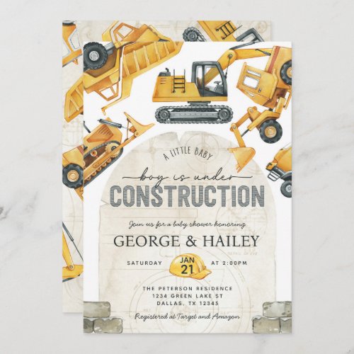 Baby Boy Under Construction Dump Truck Baby Shower Invitation