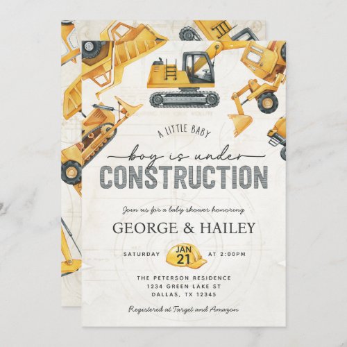Baby Boy Under Construction Dump Truck Baby Shower Invitation
