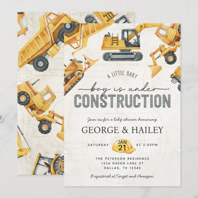 Baby Boy Under Construction Dump Truck Baby Shower Invitation (Front/Back)