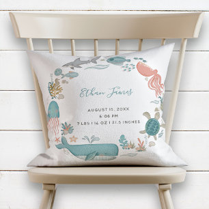 Baby Boy Under the Sea Birth Stats Keepsake Throw Pillow