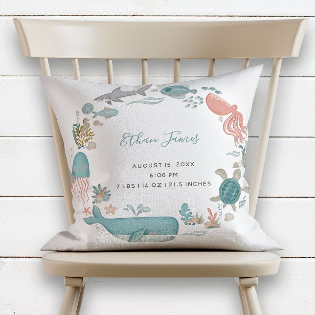 Baby Boy Under the Sea Birth Stats Keepsake Throw Pillow (Creator Uploaded)