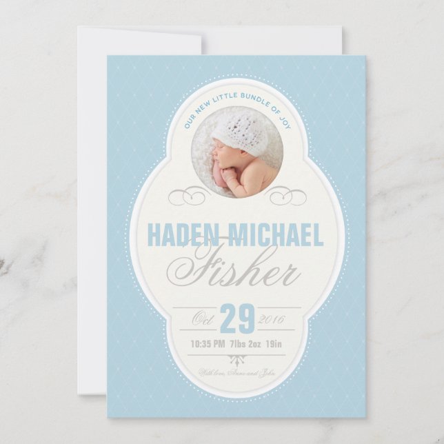 Baby Boy Vintage Frame Birth Announcement - Blue (Front)