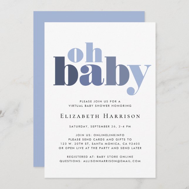 Baby Boy Virtual Shower Blue Typography Invitation (Front/Back)