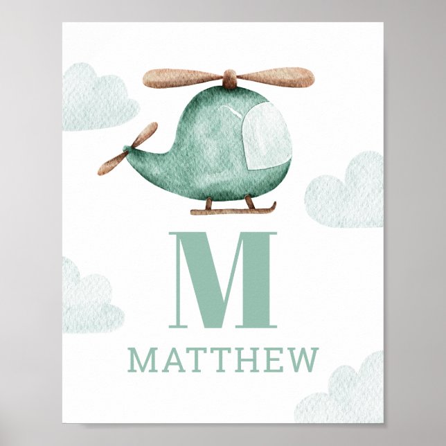 Baby Boy Watercolor Helicopter | Nursery Monogram Poster (Front)