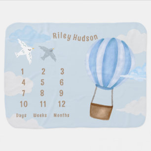 Baby Boy Watercolor Hot Air Balloon Milestone  Baby Blanket