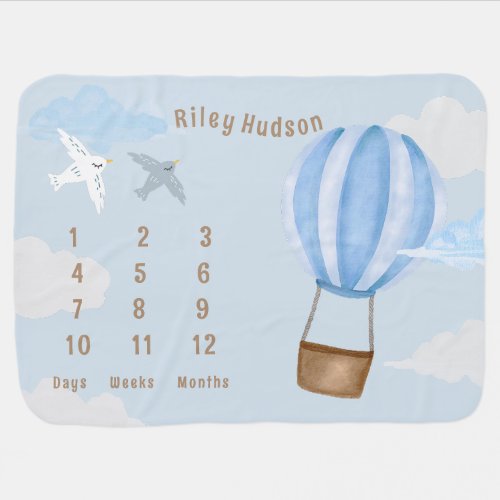 Baby Boy Watercolor Hot Air Balloon Milestone  Baby Blanket