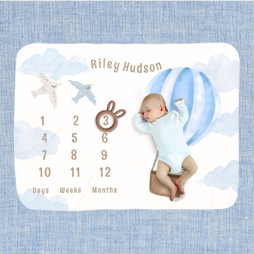 Baby Boy Watercolor Hot Air Balloon Milestone  Baby Blanket