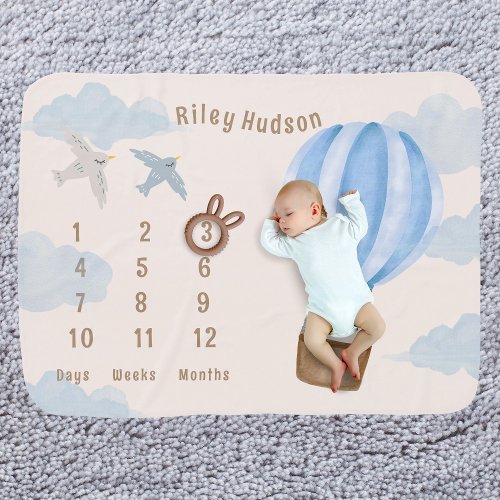 Baby Boy Watercolor Hot Air Balloon Milestone  Baby Blanket