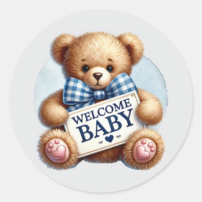 Baby boy welcome bear  classic round sticker (Front)