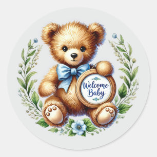 Baby boy welcome bear classic round sticker
