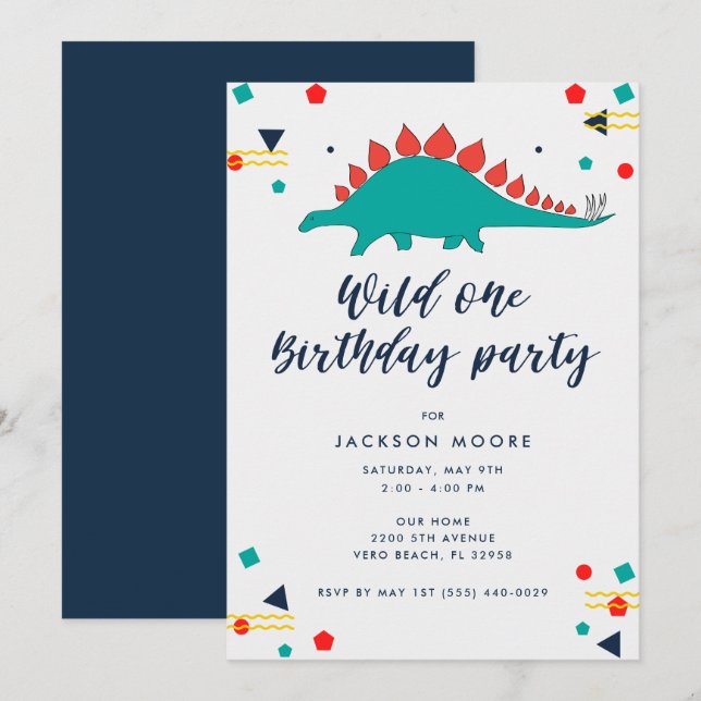 Baby Boy Wild One Dinosaur 1st Birthday Invitation (Front/Back)