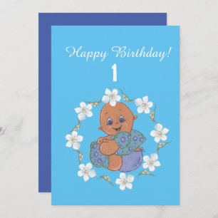 Baby boy with blue garment - happy birthday card