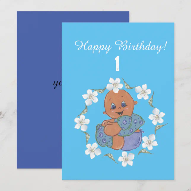 Baby boy with blue garment - happy birthday card | Zazzle