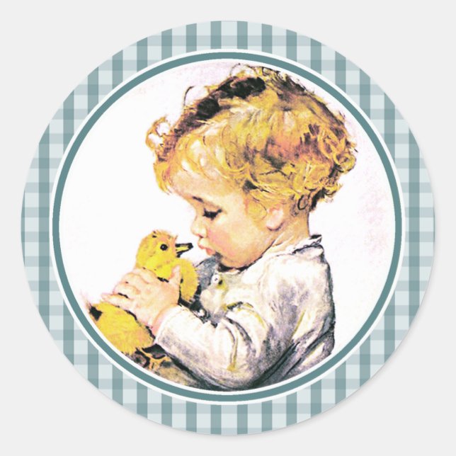 Baby Boy with Chick. Baby's First Easter  Classic Round Sticker (Front)