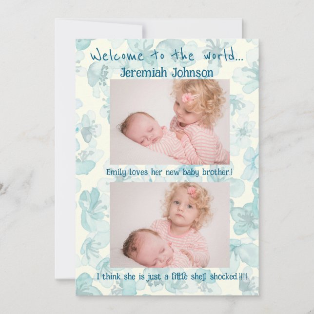 Baby Boy with Sibling New Arrival Announcement (Front)